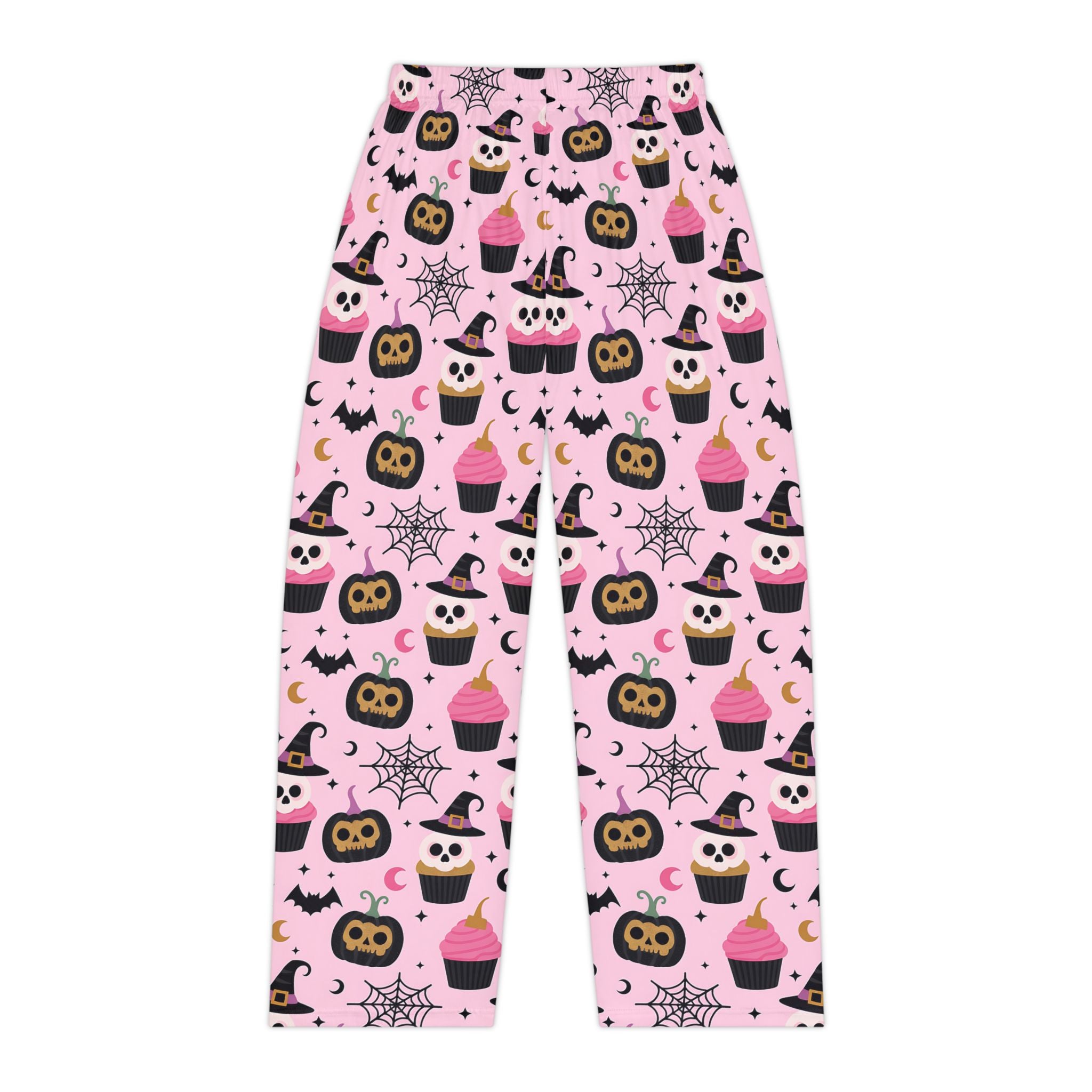 Kawaii Halloween Women's Pajama Pants, Pink and Black Pastel Goth Ghosts Bats Skulls Moons Stars Candy Black Cats, Trendy, Fun Sleepwear