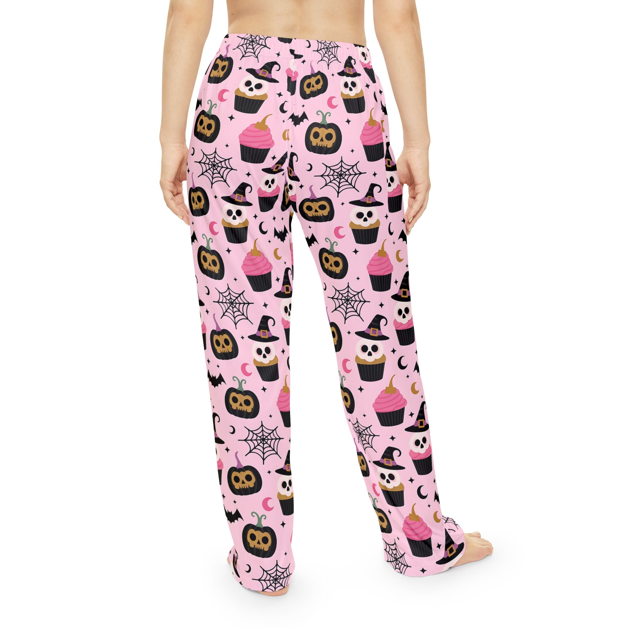 Kawaii Halloween Women's Pajama Pants, Pink and Black Pastel Goth Ghosts Bats Skulls Moons Stars Candy Black Cats, Trendy, Fun Sleepwear