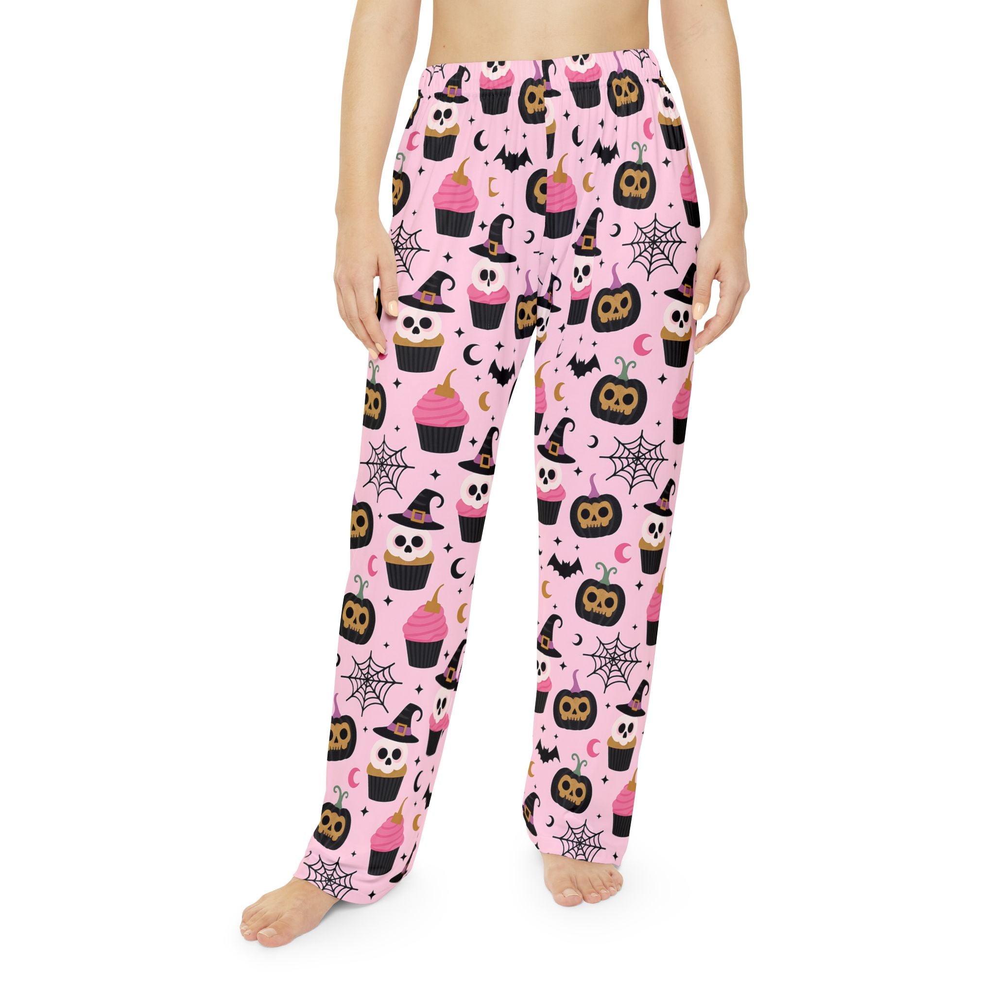 Kawaii Halloween Women's Pajama Pants, Pink and Black Pastel Goth Ghosts Bats Skulls Moons Stars Candy Black Cats, Trendy, Fun Sleepwear