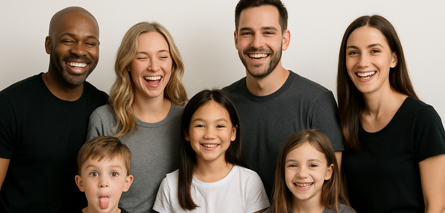 some are laughing, some are smiling, and one of the children are making a silly face